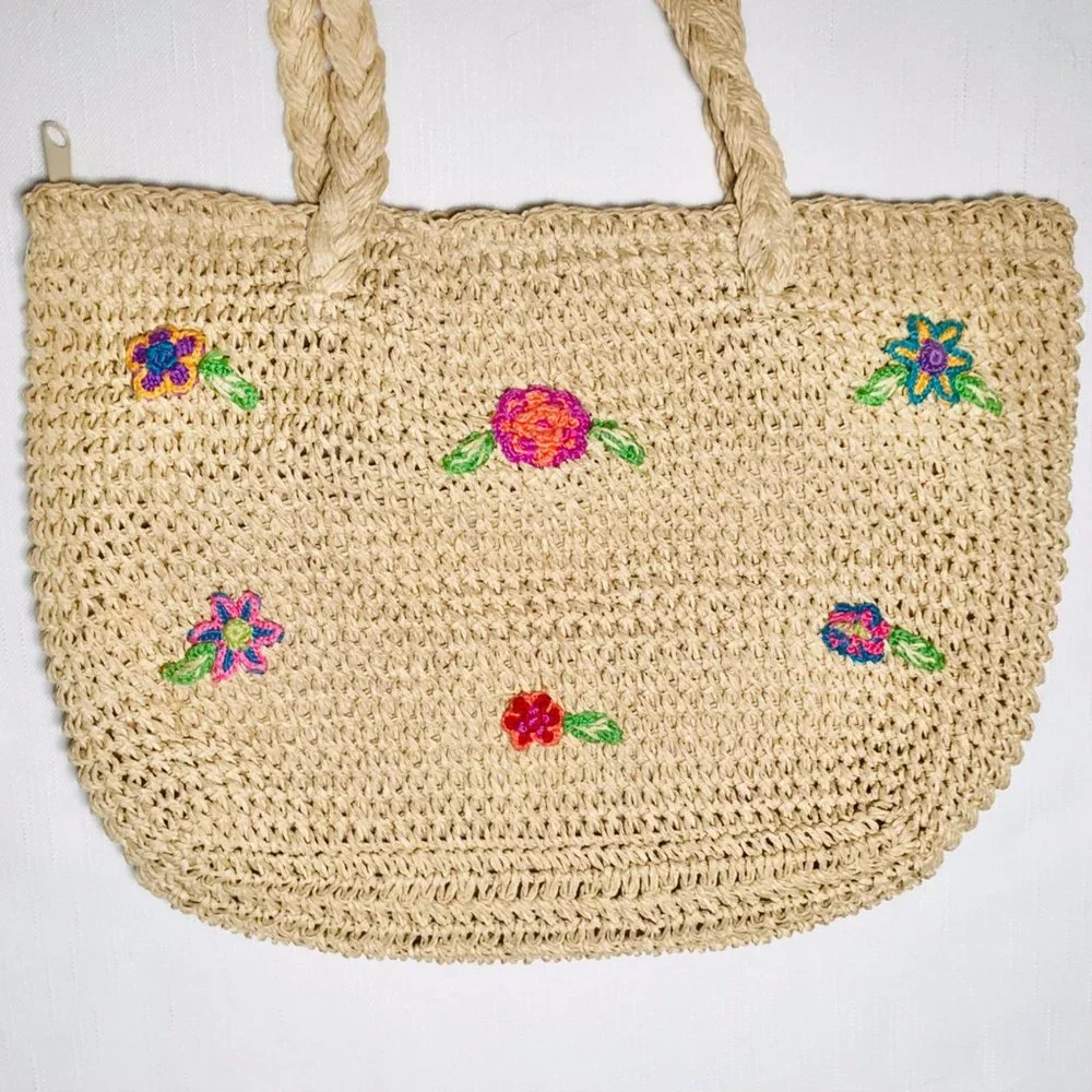 Vintage Y2K Woven Floral Cottagecore Knit Tan Shoulder Bag Boho Grandma Purse - Picture 2 of 5